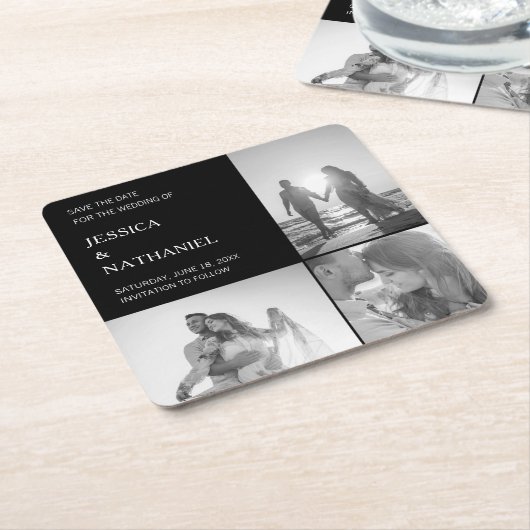 Moderne zwarte drie fotocollage sparen de Datum Kartonnen Onderzetters (Schuin)