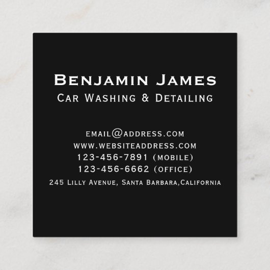 Moderne zwarte druk wasprogramma mobiele auto vierkante visitekaartje (Achterkant)