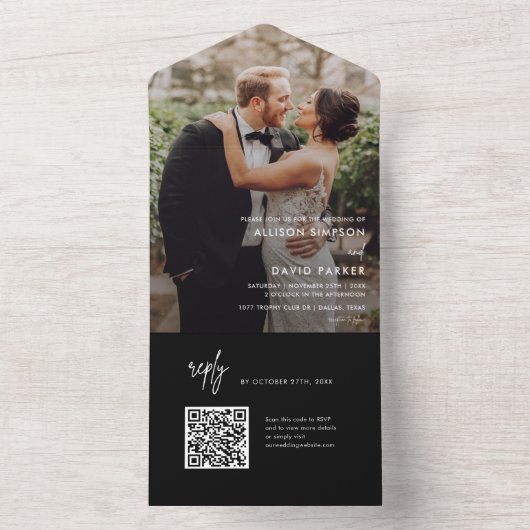 Moderne zwarte eenvoudige QR-code bruiloft All In One Uitnodiging (Binnen)