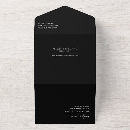 Moderne Zwarte Eenvoudige Trouwfoto Geen Menu All In One Uitnodiging (Buitenkant)