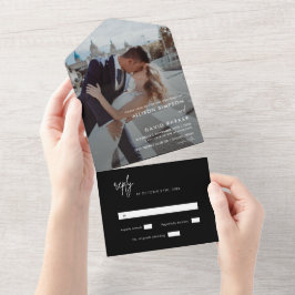 Moderne Zwarte Eenvoudige Trouwfoto Geen Menu All In One Uitnodiging