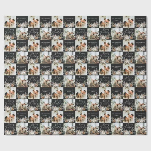 Moderne zwarte elegante familiefoto Vrolijk kerstf Cadeaupapier (Vlak)