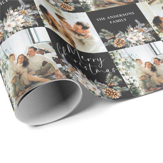 Moderne zwarte elegante familiefoto Vrolijk kerstf Cadeaupapier (Rol Hoek)