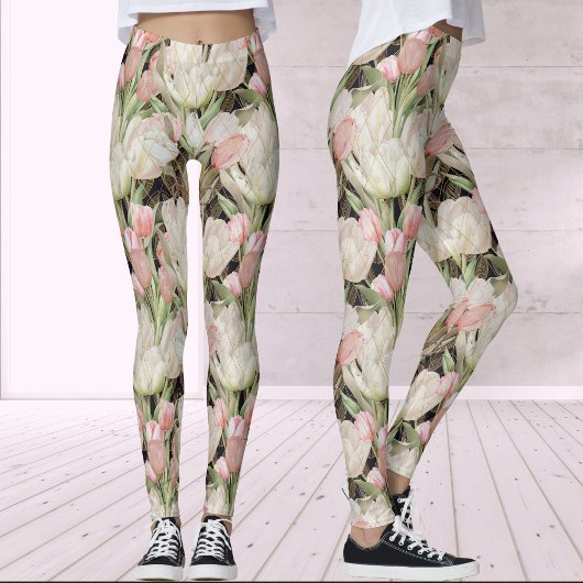 Moderne zwarte elegante tulpen met gouden patroon leggings