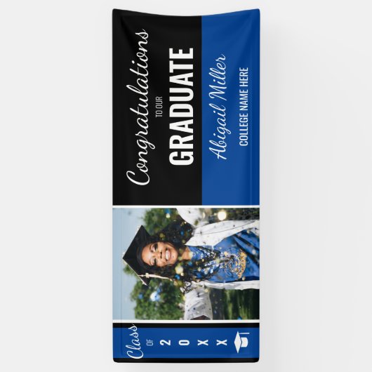 Moderne zwarte en blauwe felicitaties Afstuderen F Spandoek (Verticaal)