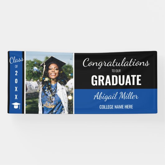 Moderne zwarte en blauwe felicitaties Afstuderen F Spandoek (Horizontaal)