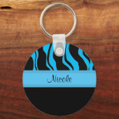 Moderne zwarte en blauwe zebra gepersonaliseerde s sleutelhanger (Voorkant)
