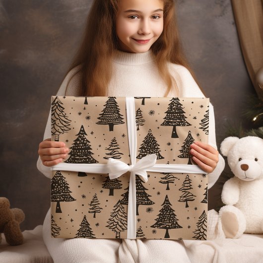 Moderne zwarte en crème kerstboom cadeaupapier