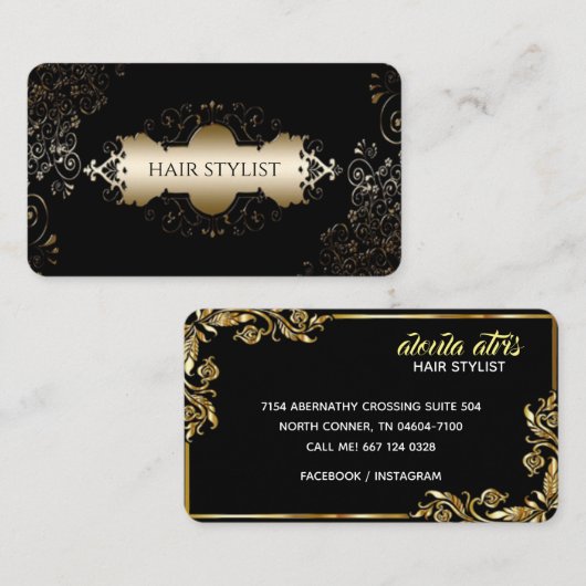 Moderne zwarte en gele chic hair stylist visitekaartje (Voorkant / Achterkant)