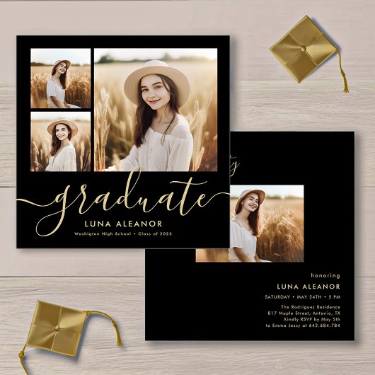 Moderne Zwarte en Gouden 4 Foto's Verjaardagsfeest Kaart