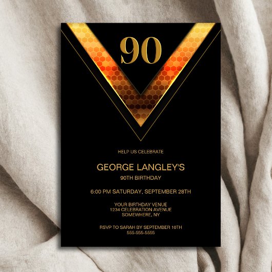 Moderne zwarte en gouden 90ste verjaardagsfeestje kaart