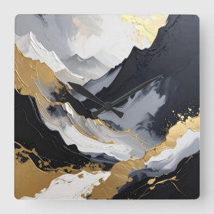Moderne Zwarte en Gouden Abstracte Luxe Acryl Vierkante Klok