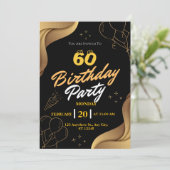 Moderne Zwarte en Gouden ballon uitnodiging verjaa (Staand voorkant)