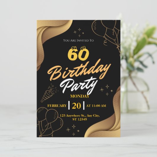 Moderne Zwarte en Gouden ballon uitnodiging verjaa (Staand voorkant)