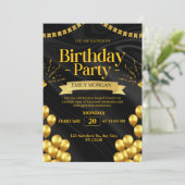 Moderne Zwarte en Gouden ballon uitnodiging verjaa (Staand voorkant)