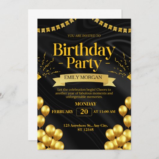Moderne Zwarte en Gouden ballon uitnodiging verjaa (Voorkant / Achterkant)