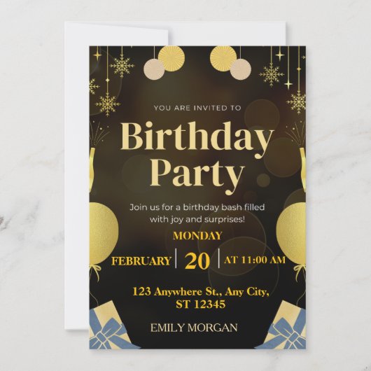 Moderne Zwarte en Gouden ballon uitnodiging verjaa (Voorkant)