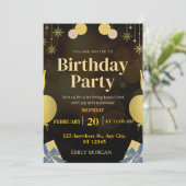 Moderne Zwarte en Gouden ballon uitnodiging verjaa (Staand voorkant)