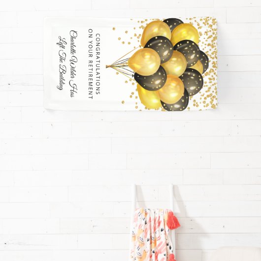 Moderne zwarte en gouden ballonnen Confetti pensio Spandoek (Insitu)