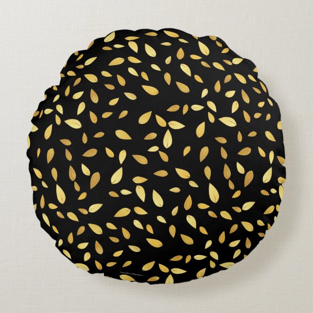 Moderne zwarte en gouden bladeren, geïllustreerd p rond kussen (Voorkant)