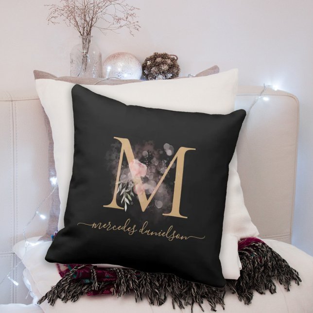 Moderne Zwarte en Gouden Bloemrijke Monogram Kussen (Creator heeft geüpload)