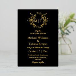 moderne zwarte en gouden botanische monogram bruil folie uitnodiging