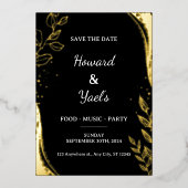 Moderne zwarte en gouden bruiloft sparen de datum folie uitnodiging (Voorkant)