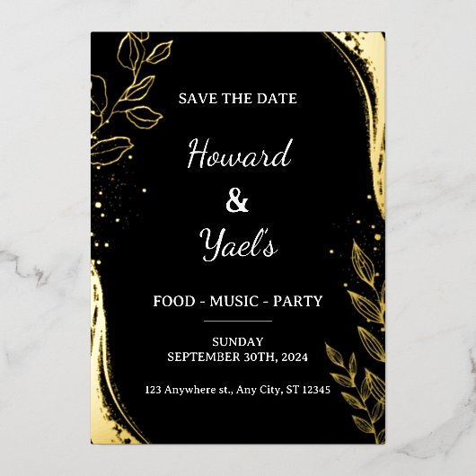 Moderne zwarte en gouden bruiloft sparen de datum folie uitnodiging (Voorkant)