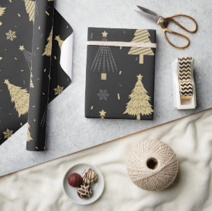 Moderne zwarte en gouden elegante kerstboomstructu cadeaupapier