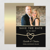 Moderne Zwarte en Gouden Foto Bruiloft Save The Date (Voorkant / Achterkant)
