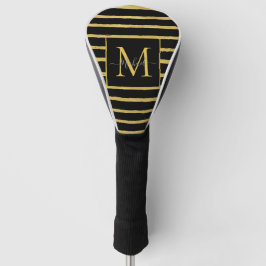 Moderne Zwarte en Gouden Gestreepte Monogram Naam Golfheadcover