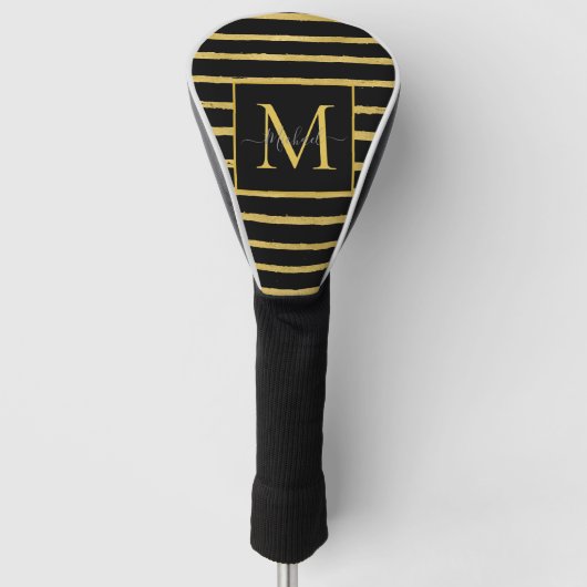 Moderne Zwarte en Gouden Gestreepte Monogram Naam Golfheadcover (Voorkant)