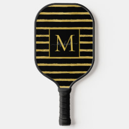 Moderne Zwarte en Gouden Gestreepte Monogramnaam Pickleball Paddle