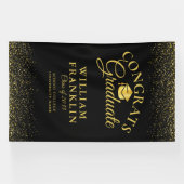 Moderne Zwarte En Gouden Glitter Afstuderen Spandoek (Horizontaal)