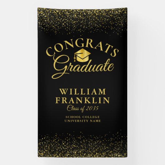 Moderne Zwarte En Gouden Glitter Afstuderen Spandoek (Verticaal)