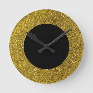 Moderne, zwarte en gouden glitter-ronde wandklok