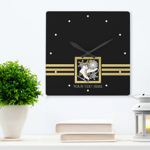 Moderne zwarte en gouden glitterschaatsen vierkante klok