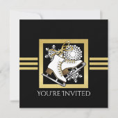 Moderne zwarte en gouden glitterschaatsparty kaart (Voorkant)