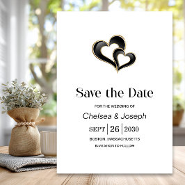Moderne zwarte en gouden harten Huwelijkskaart 'Sa Save The Date