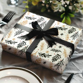 Moderne Zwarte en Gouden Kerstfoliage Cadeaupapier