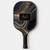 Moderne zwarte en gouden marmeren monogram pickleball paddle (Voorkant)