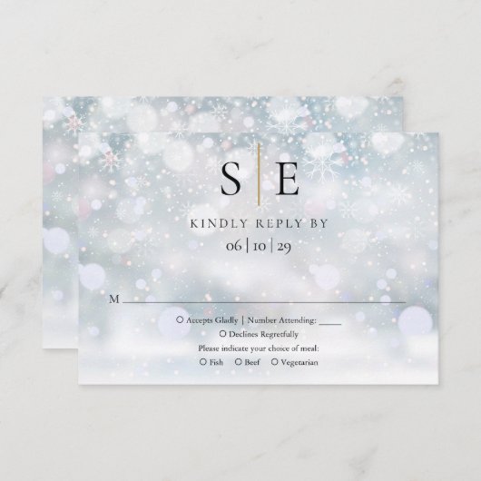 Moderne Zwarte en Gouden Monogram Winter Bruiloft  RSVP Kaartje (Voorkant / Achterkant)