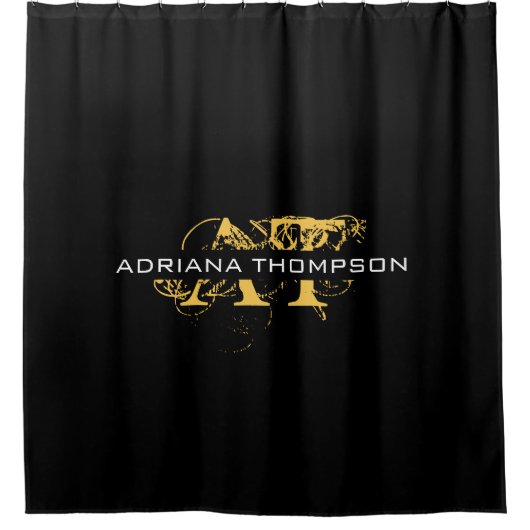 Moderne, zwarte en gouden monogrammen douchegordijn (Voorkant)