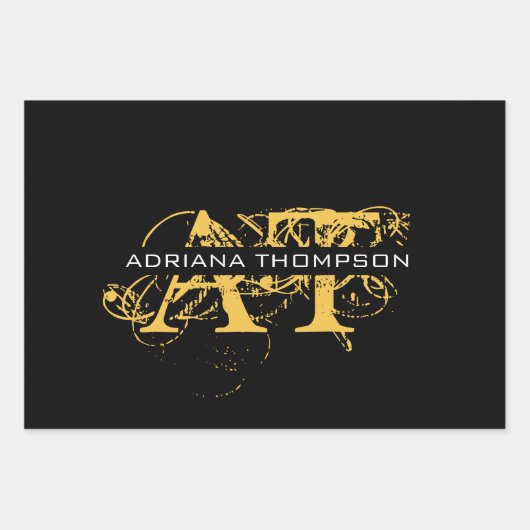 Moderne, zwarte en gouden monogrammen inpakpapier vel (Voorkant)