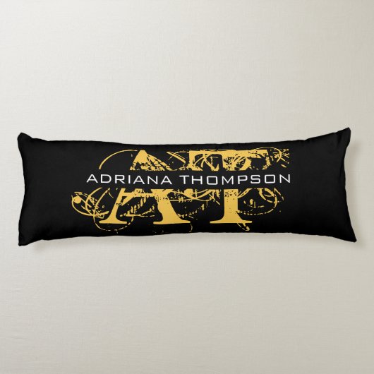 Moderne, zwarte en gouden monogrammen lichaamskussen (Achterkant)