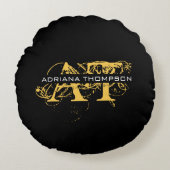 Moderne, zwarte en gouden monogrammen rond kussen (Voorkant)