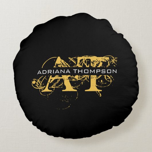 Moderne, zwarte en gouden monogrammen rond kussen (Achterkant)