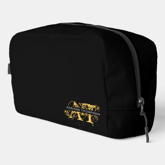 Moderne, zwarte en gouden monogrammen toilettasje (Rechterhoek)