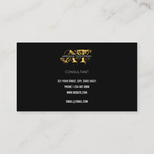 Moderne, zwarte en gouden monogrammen visitekaartje (Achterkant)