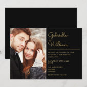 Moderne Zwarte En Gouden Script Foto Huwelijk Kaart (Voorkant / Achterkant)